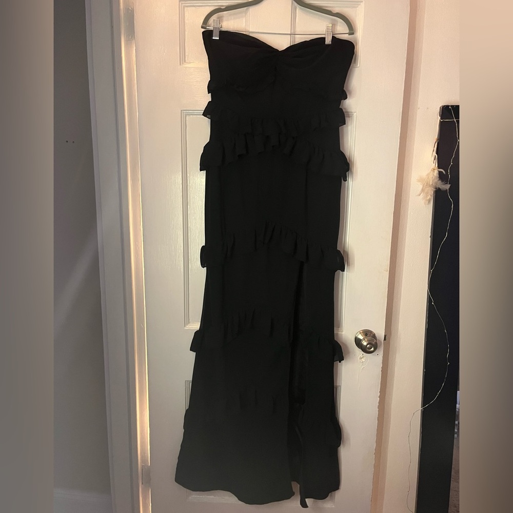 PrettyLittleThing Black Ruffle Maxi Dress, Size 8